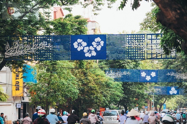 Người Hà Nội thích thú với dải đèn trang trí màu xanh - trắng trên phố Bà Triệu